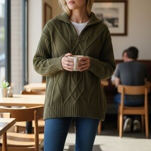 Natural Reflections Olive Green Cable-Knit Half-Zip Sweater